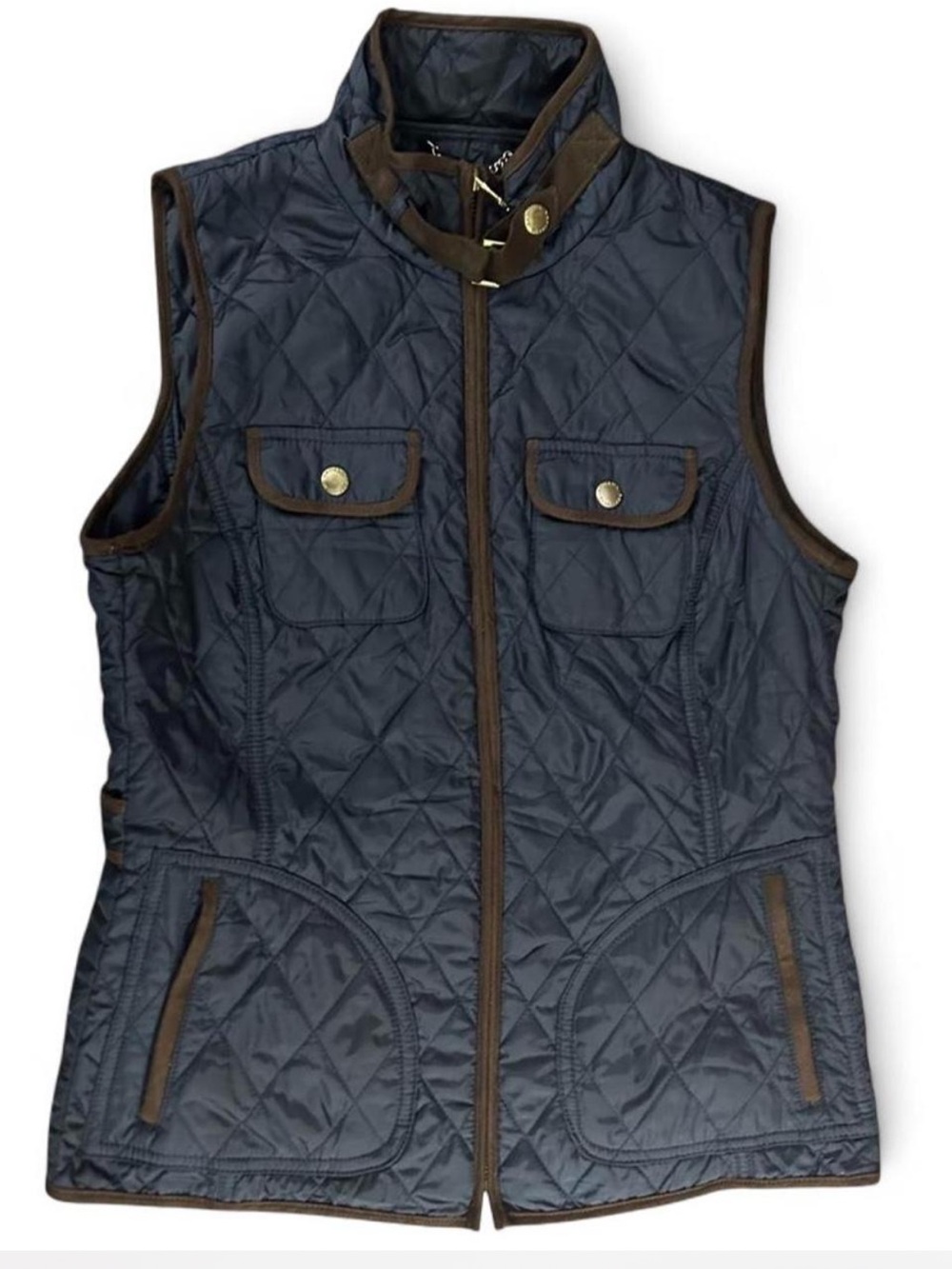 Banana Republic Quilted Navy Vest with Brown Trim